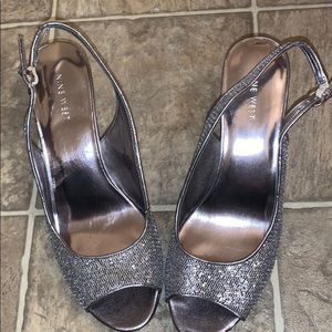 Nine West Silver Open Toe Heels 2 1/2”